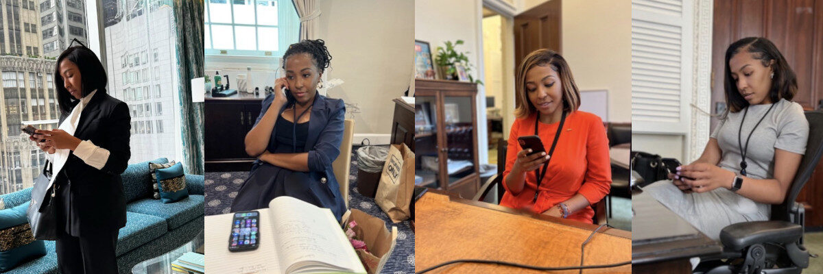 Erica P. Loewe at work — on the phone across four settings